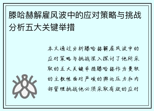 滕哈赫解雇风波中的应对策略与挑战分析五大关键举措